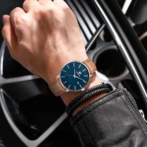 Minimalist Waterproof Quartz Watches for Men with Leather Silver Blue Brown