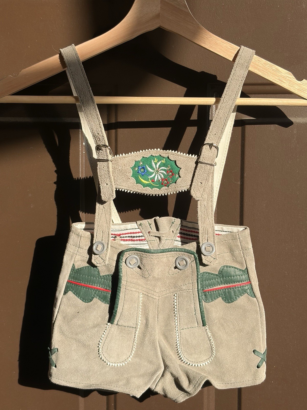 Vintage Germany Boy Child Suede Leather Lederhosen Gray Green Oktoberfest