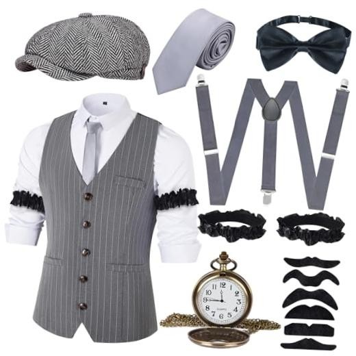 JONRRYIN 1920s Mens Costume Accessories Set, Roaring 20s Costumes Small Grey