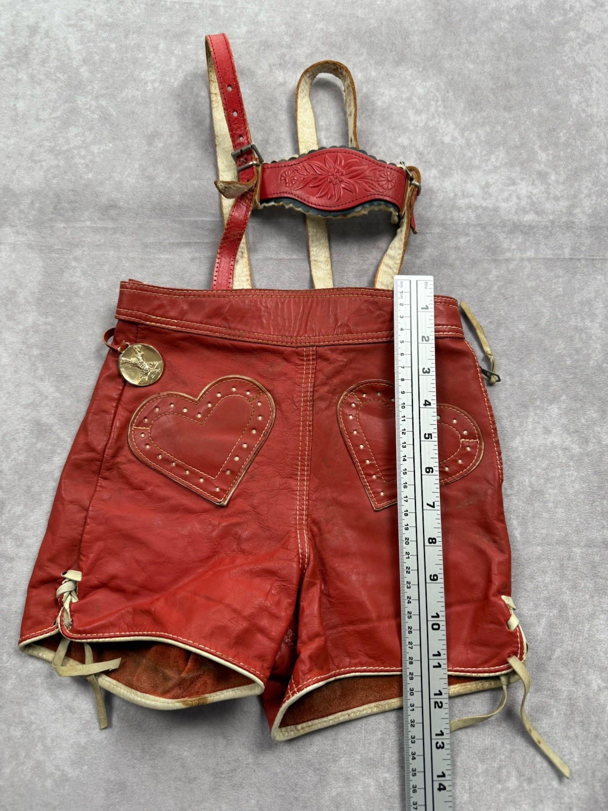 VTG German Red Leather Girls Lederhosen Ortlepp Heart Oktoberfest Bavarian