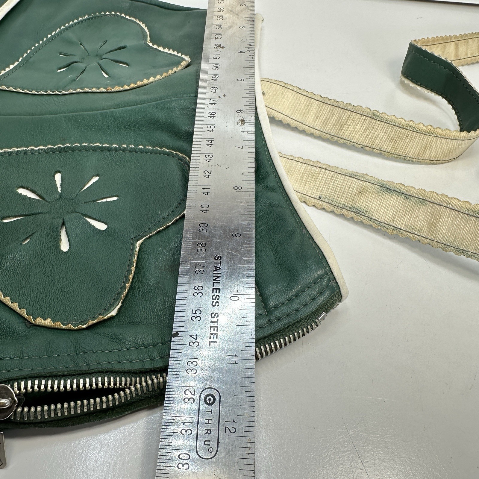 Vintage Green Leather Heart Lederhosen Child Size (see photos for measurements)