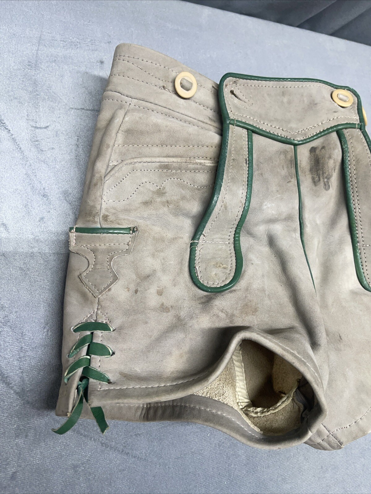 Vintage 60’s 70’s Lederhosen Grey Suede Leather Shorts Child No Size Dirty