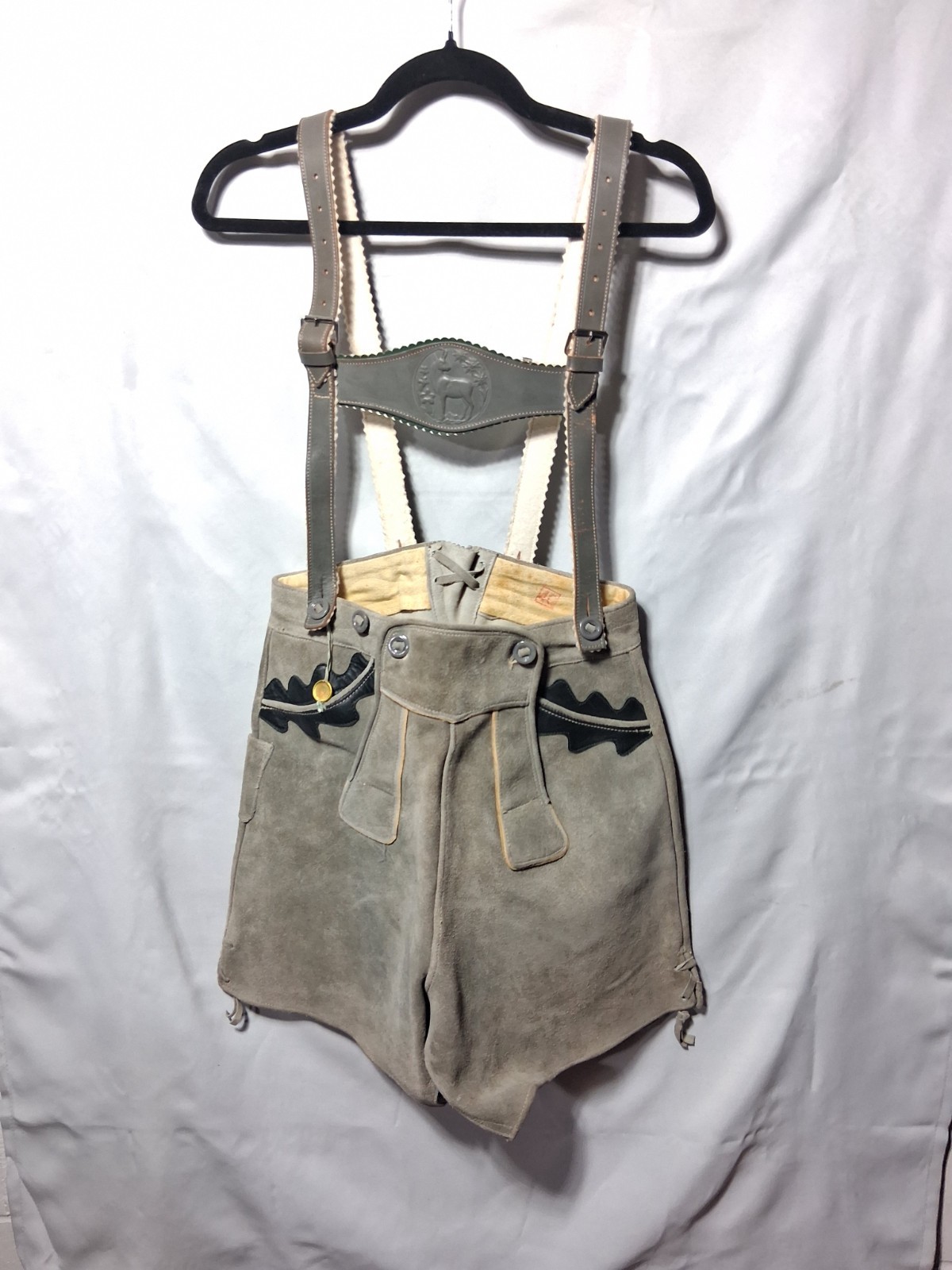 Vintage Haelson Suede Leather Lederhosen Shorts, EU 40 Waist Suspenders & Hat