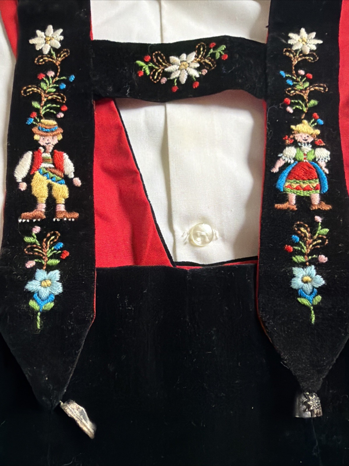 Original Lederhosen Switzerland Black Velvet With Folk Embroidery And White Shir