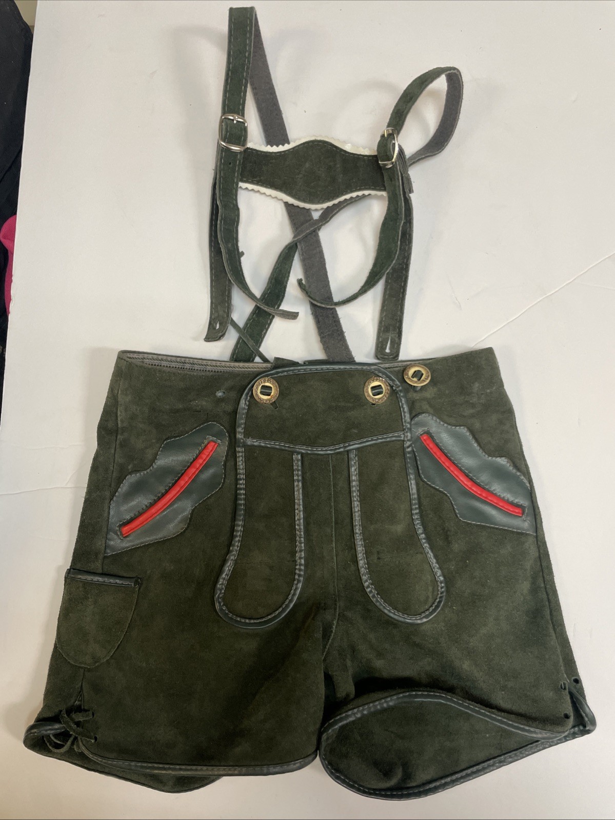 Lederhosen Bavarian German Oktoberfest Green Leather For Kid Missing One button!