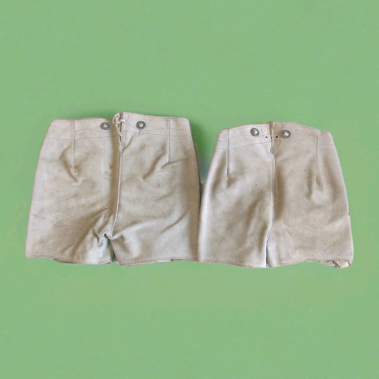 2 Pair Of Childrens Lederhosen Oktoberfest Shorts. Size 26 & 30. Gray & Green Tr