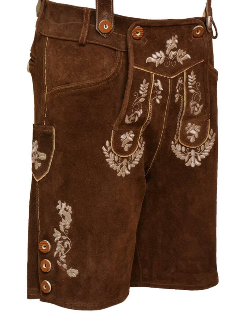 German Bavarian Lederhosen Oktoberfest Real Leather Brown with Matching Shorts