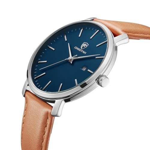 Minimalist Waterproof Quartz Watches for Men with Leather Silver Blue Brown