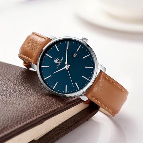 Minimalist Waterproof Quartz Watches for Men with Leather Silver Blue Brown