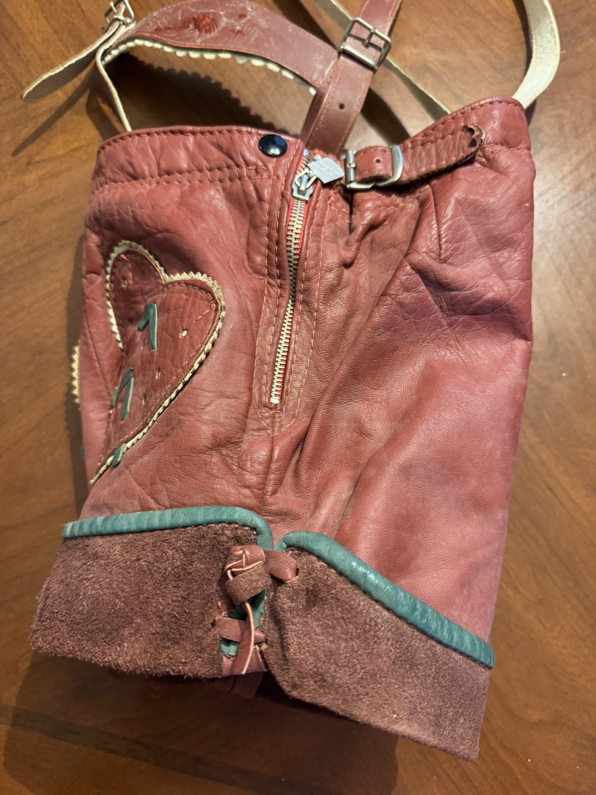 Vintage Lederhosen Red With Green ￼Accents German Shorts Echt Leder