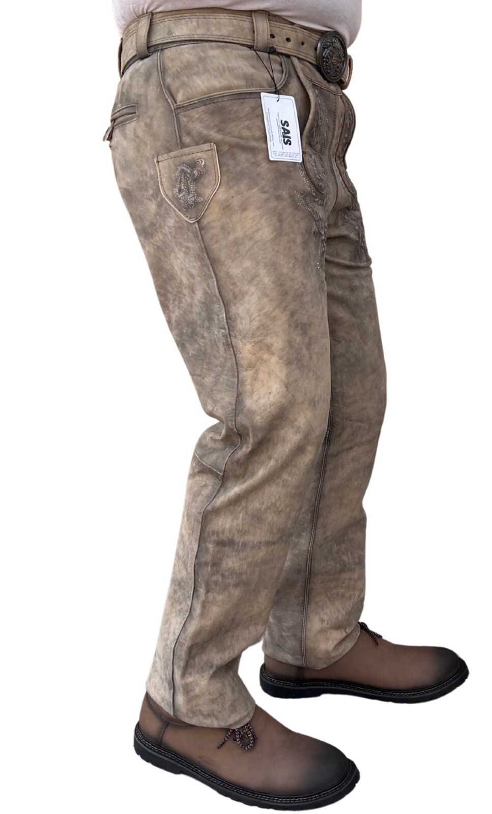 Oktoberfest Men’s Long Antique Bavarian Traditional Lederhosen with Belt Size 46-60
