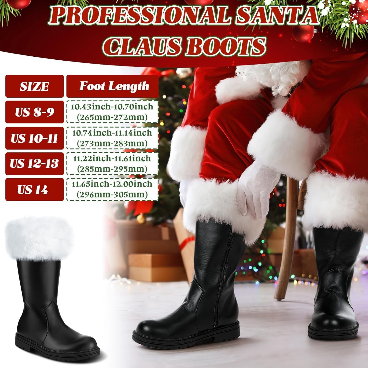 Christmas Santa Claus Boots Men’s Wide Calf Santa Combat Boots Size: 8-9