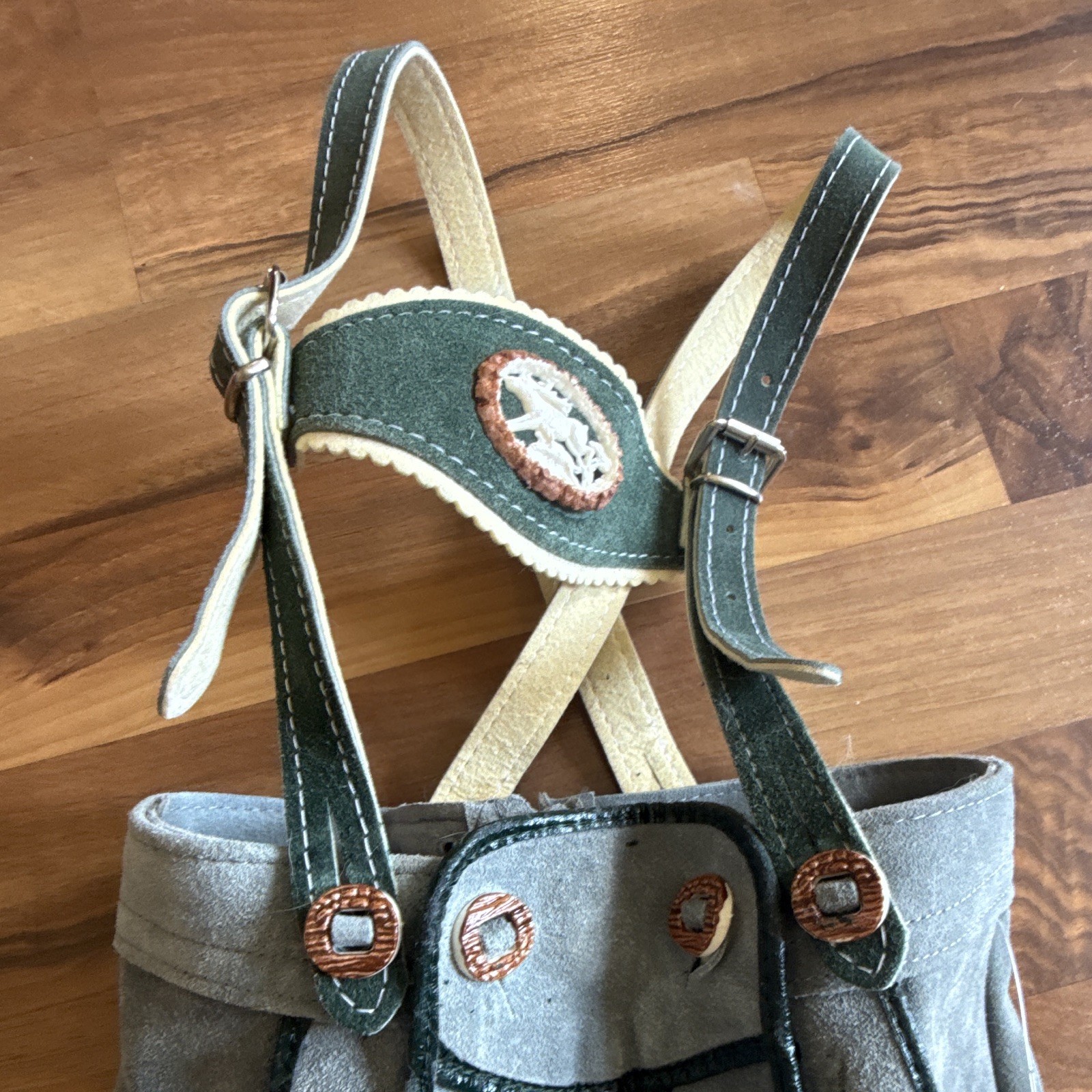 vintage gray suede leather lederhosen children’s embroidered suspenders