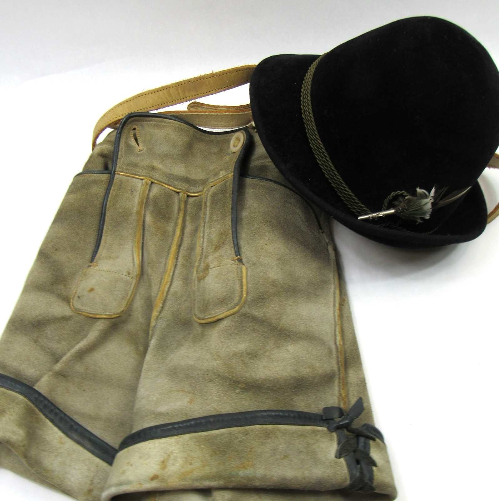 Vintage German Bavarian Lederhosen Leather Suede + Anton Pichler Hat Graz Fedora