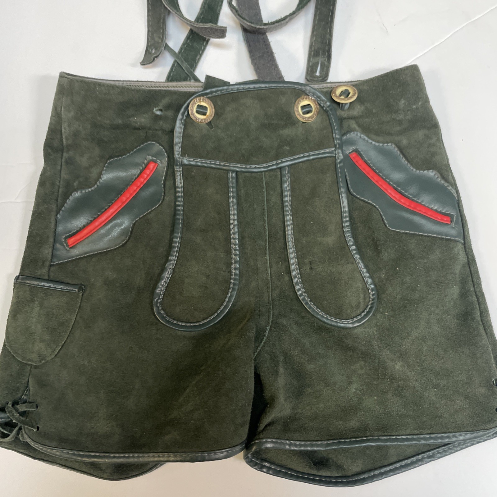 Lederhosen Bavarian German Oktoberfest Green Leather For Kid Missing One button!