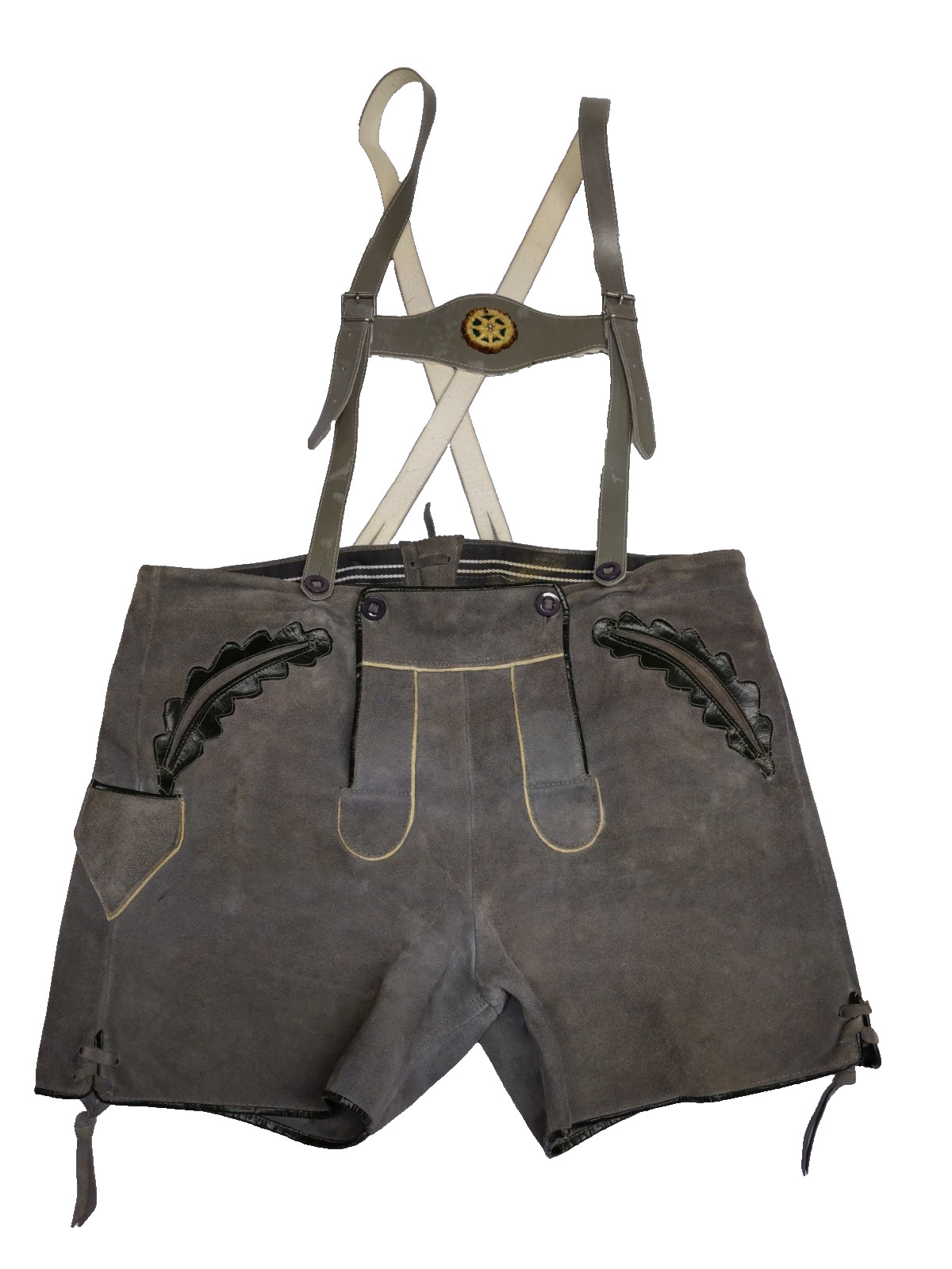 Mens Suede Lederhosen 40 Waist Bavarian Oktoberfest Costume Suspenders Gray