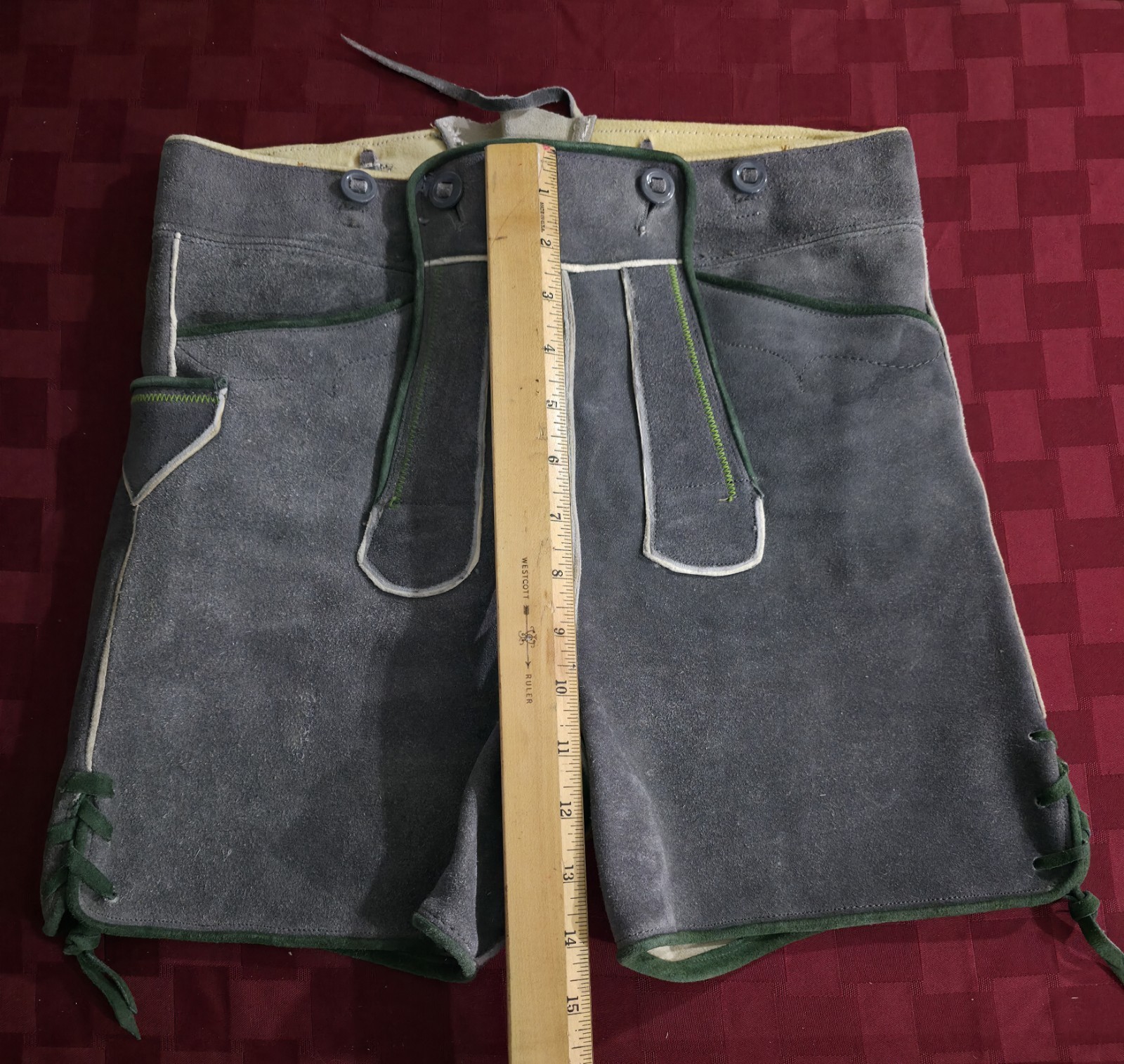 Authentic Vintage Lederhosen Oktoberfest Men Suede Leather Green Shorts