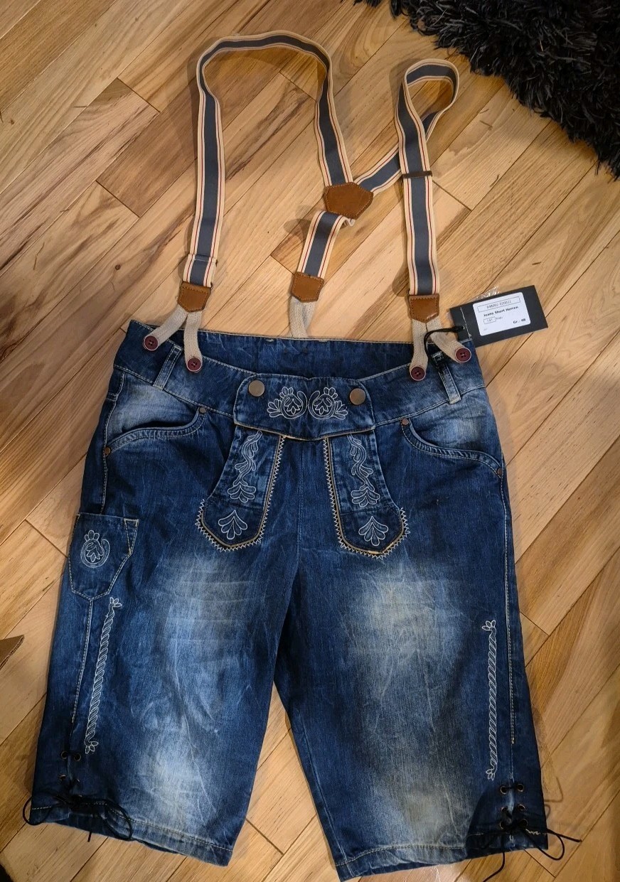 Nwt German Trachten Modern Denim Lederhosen 34″ Waist w/Suspenders Oktoberfest