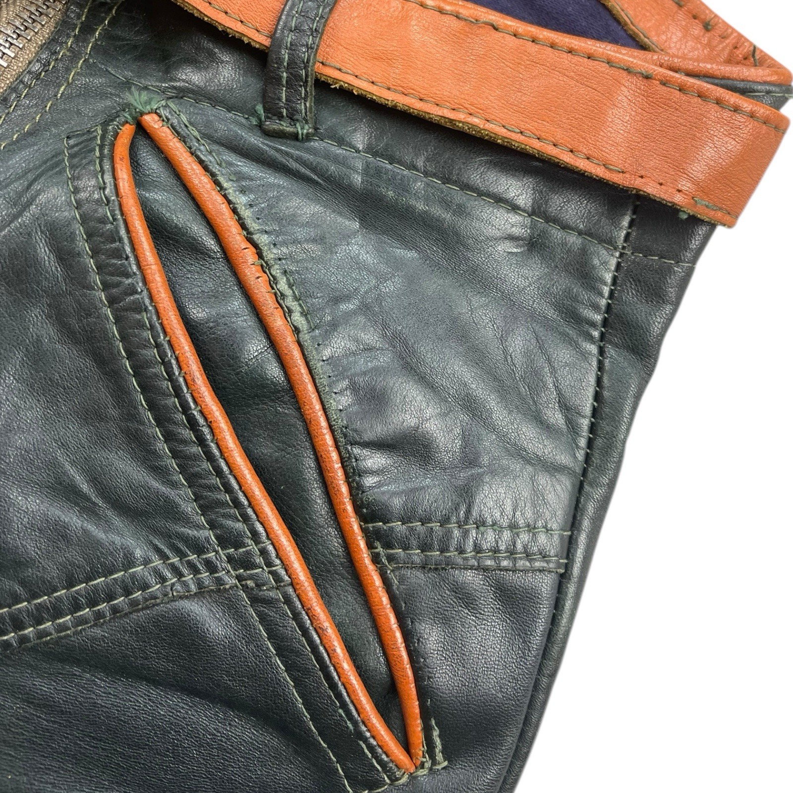 Short leather trousers – green + brown size S/M cotton 43cm vintage smooth zip 70s