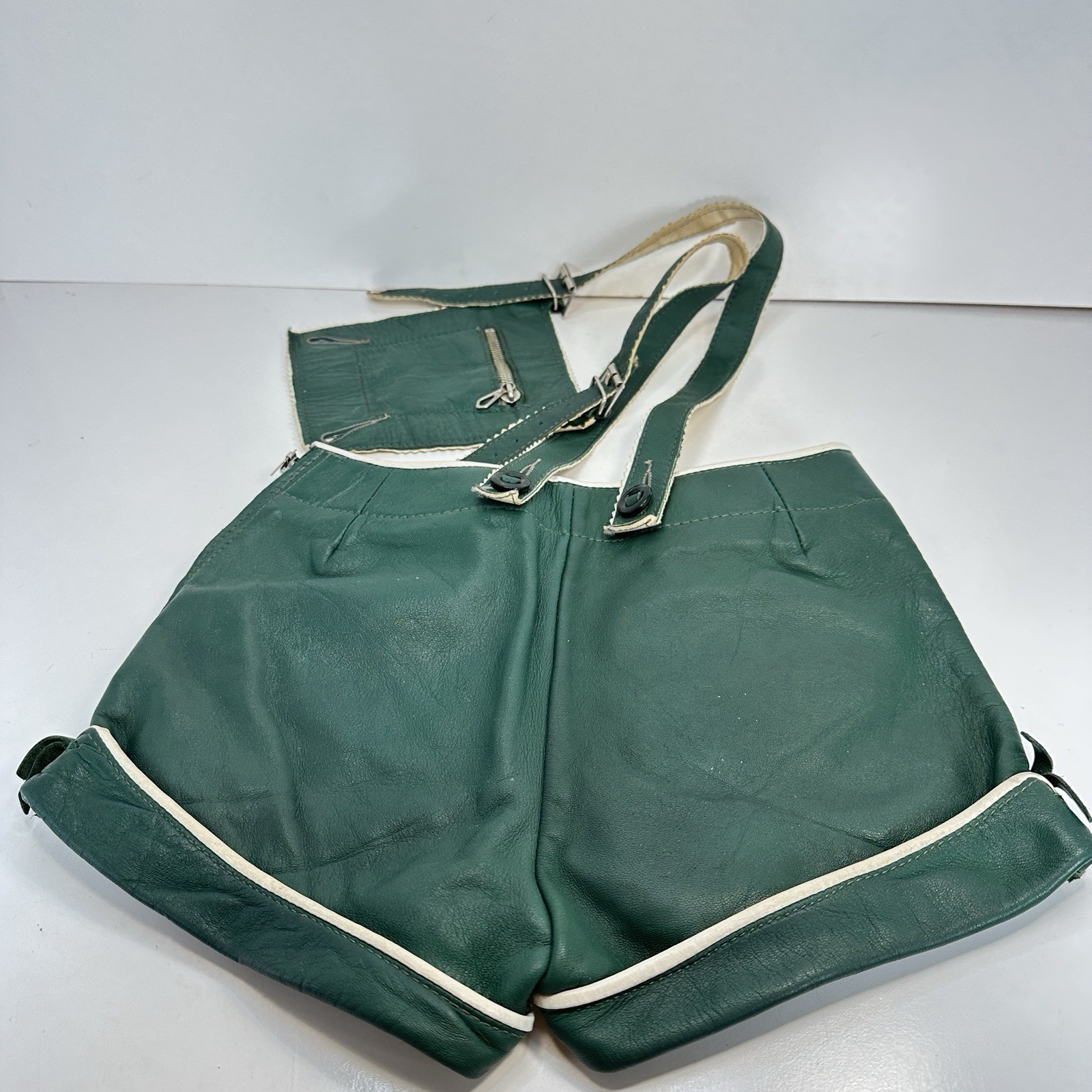 Vintage Green Leather Heart Lederhosen Child Size (see photos for measurements)