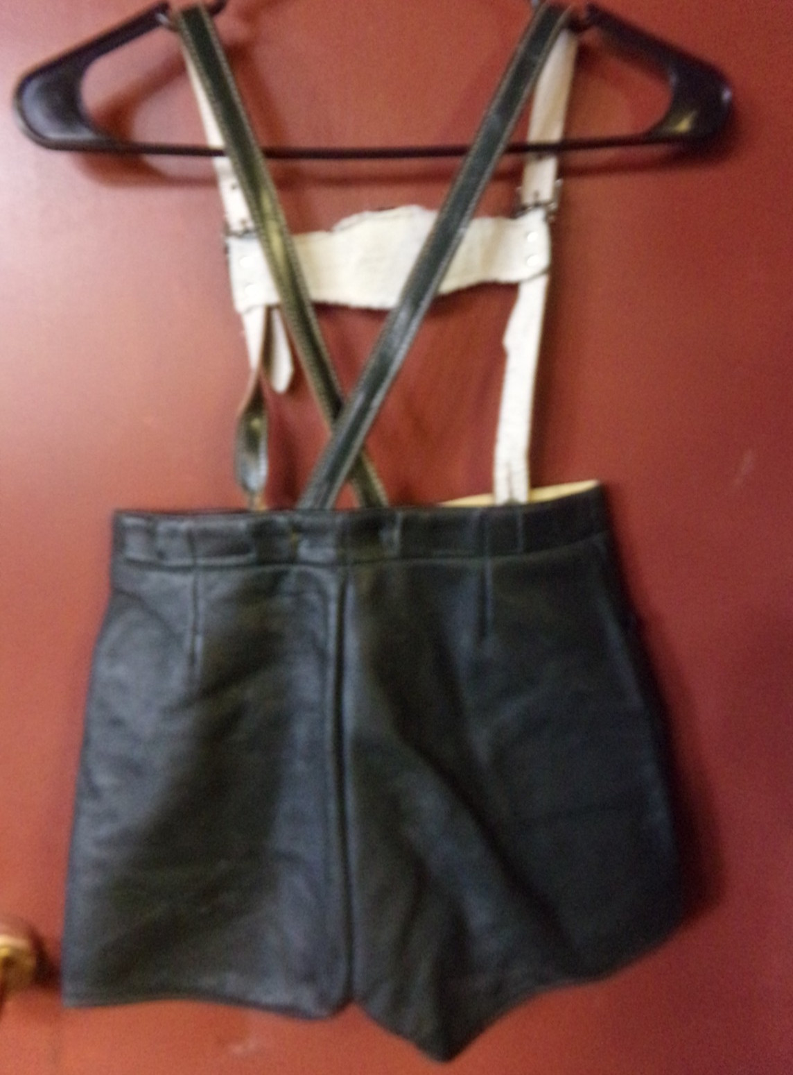 Kids Dark Green Leather Lederhosen Shorts with Suspenders Antler Emblem