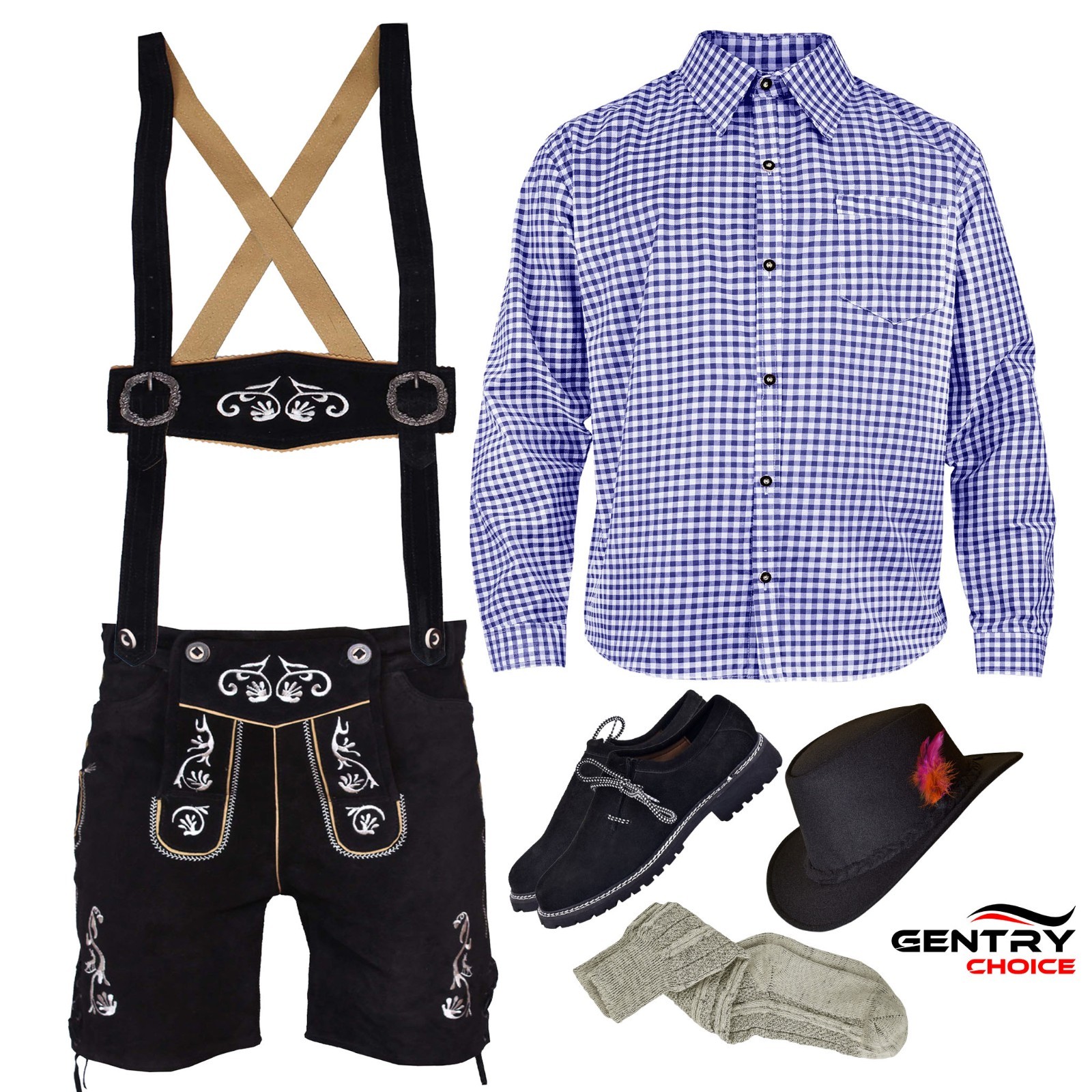 Mens Oktoberfest Costumes Lederhosen Set with Bavarian Shirt German Hat Shoes