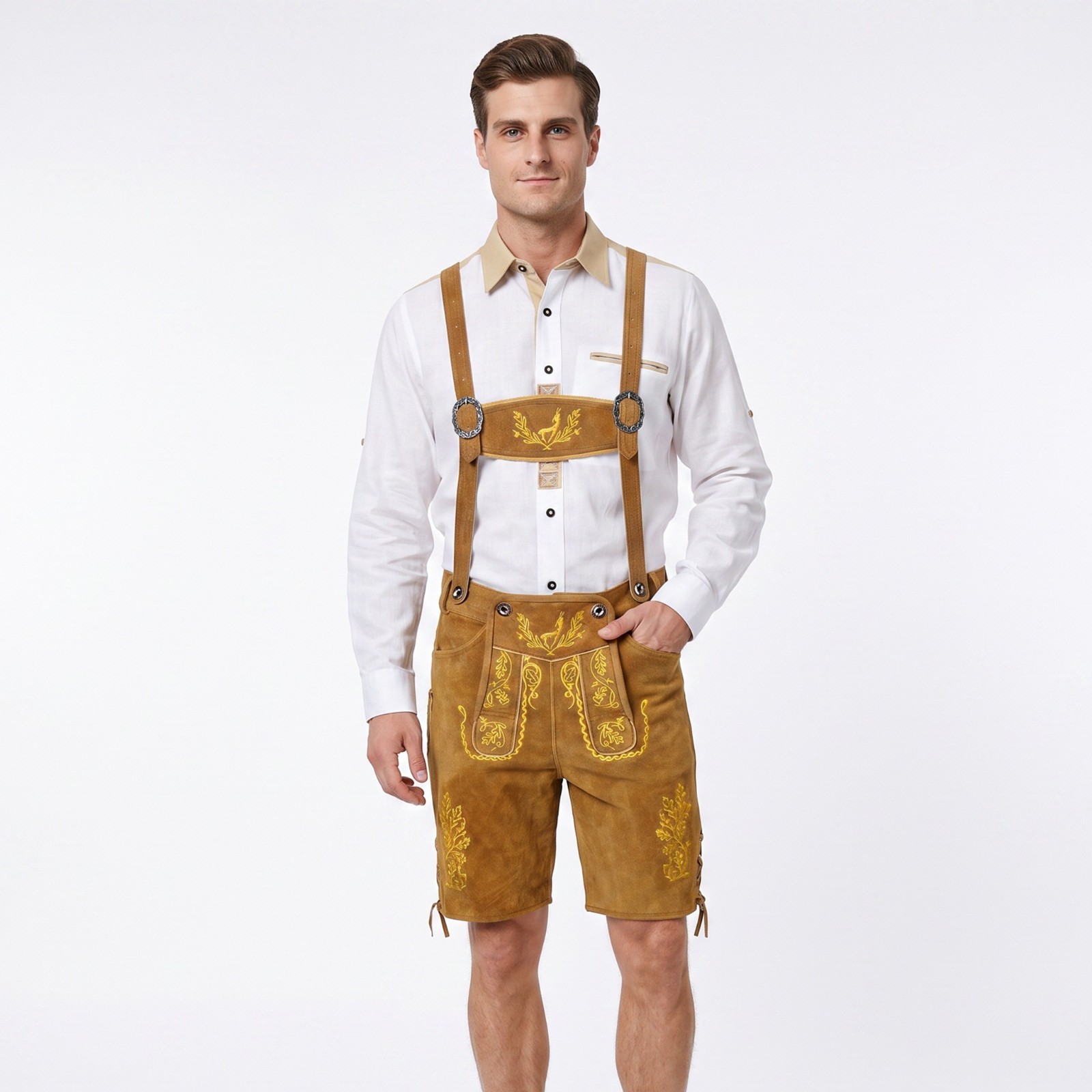 Men’s Suede Lederhosen Nowitzki Golden Brown Oktoberfest Costume German Outfit