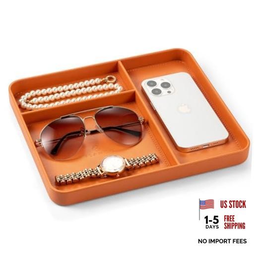 Valet Tray for Men, PU Leather Catchall Tray with Dividers | Nightstand Orange