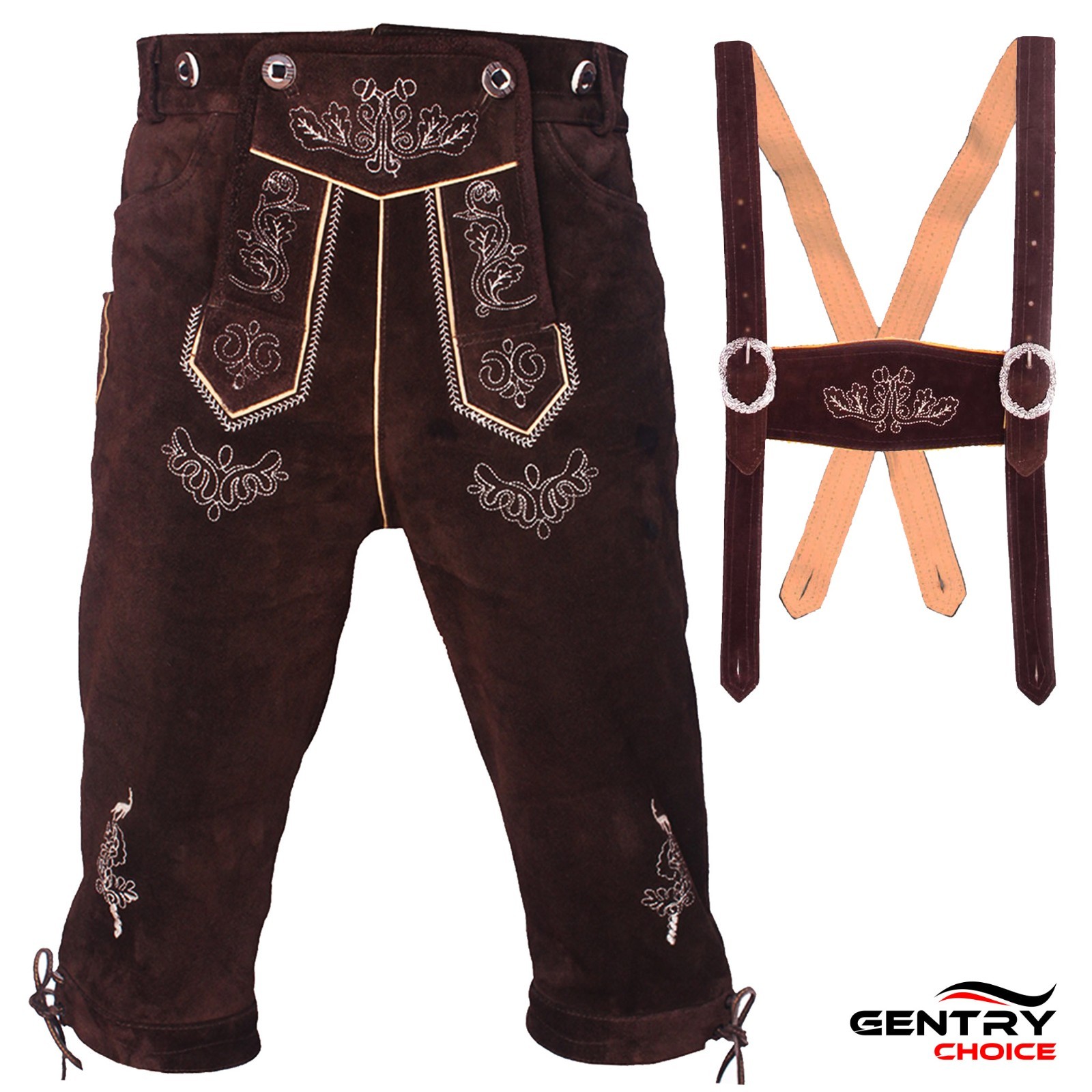 Mens Suede Leather Kniebundhosen Lederhosen Oktoberfest Costume Suspenders