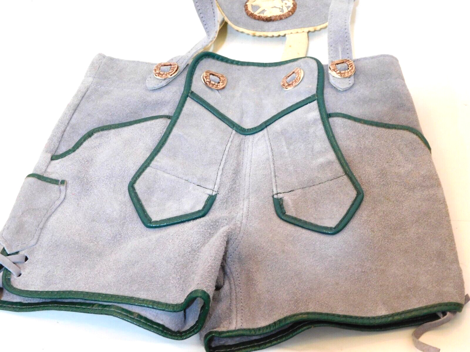Vintage German Bavaria Children’s Lederhosen Green/Grey Carved Antler Buttons