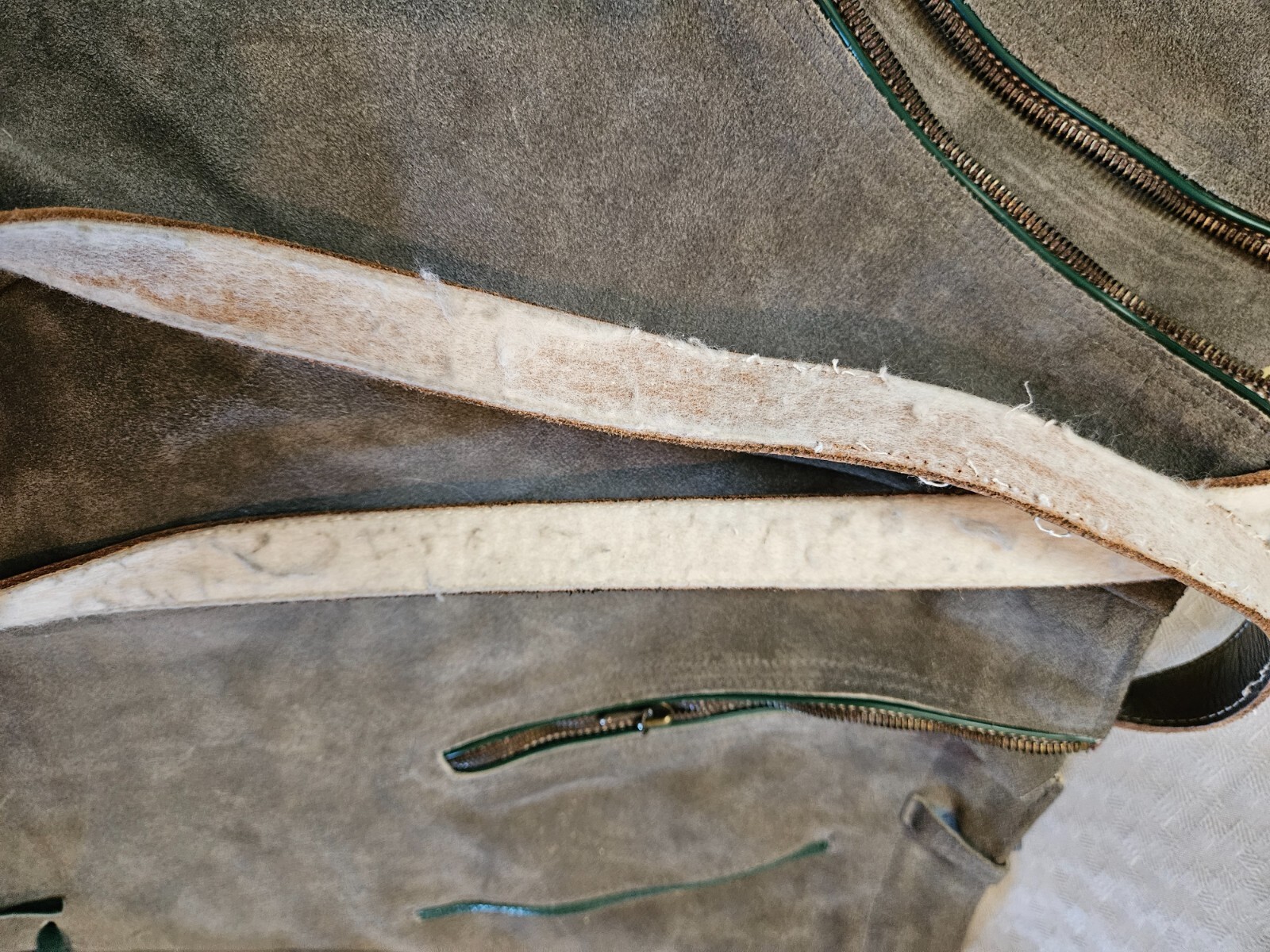 Vintage Lederhosen gray-brown color suede leather, green accent
