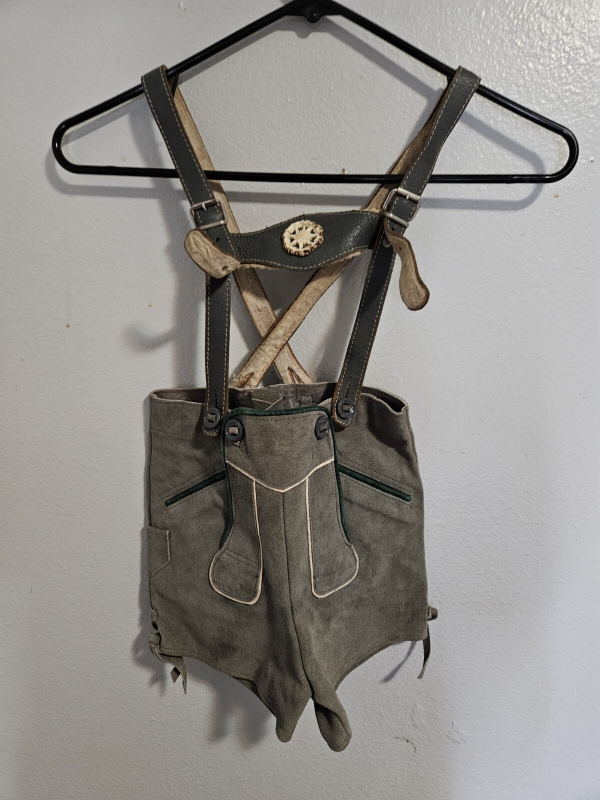 Vintage Kids Size 2 German Lederhosen Leather Suede Green Gray