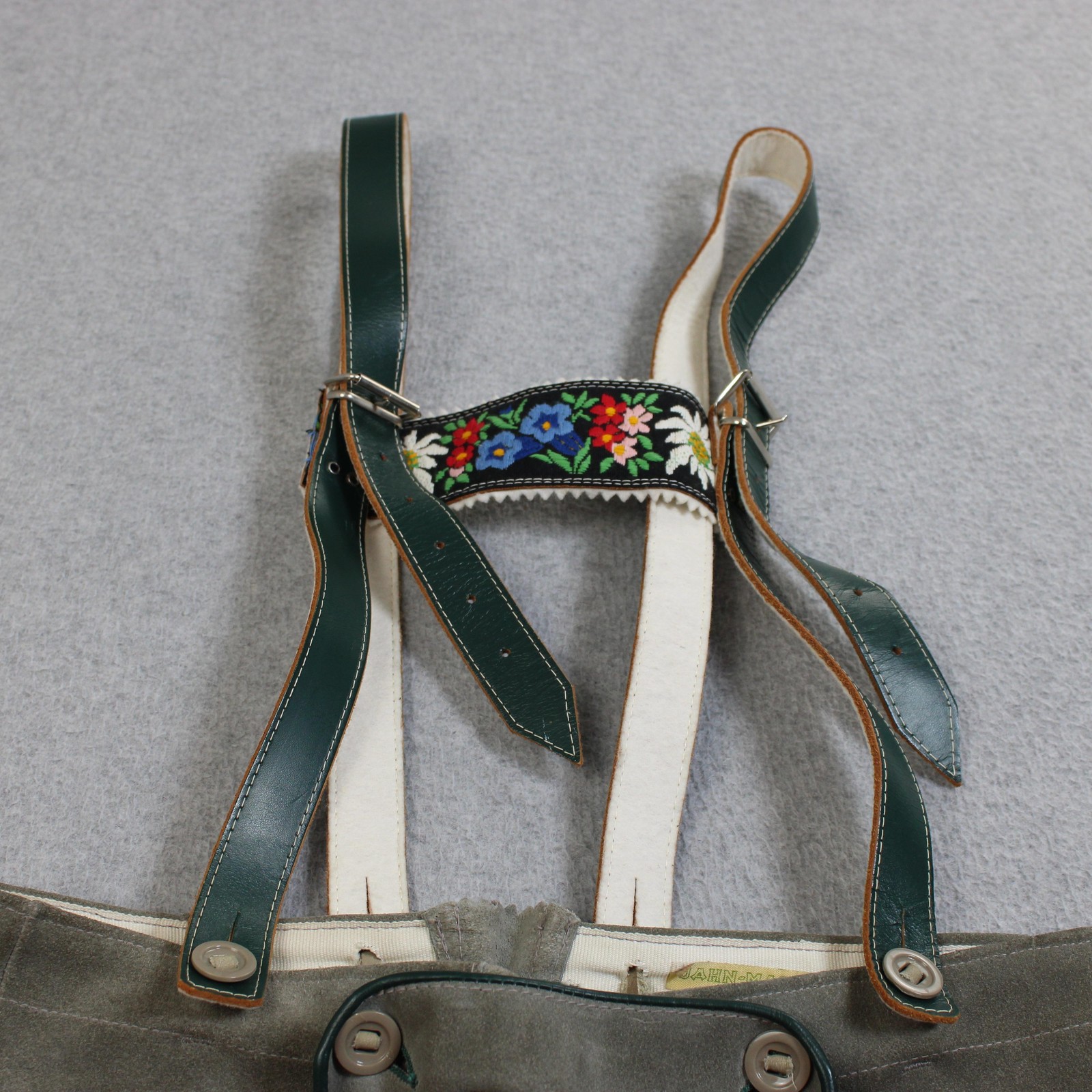 Vintage Jahn-Markl Lederhosen Gray Leather Suede Suspenders Austria Floral READ