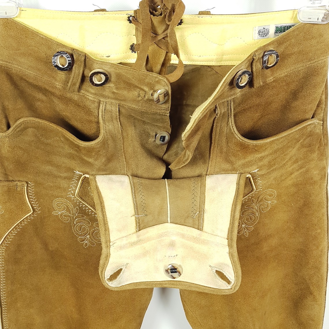 Meindl Lederhosen Mens Size 46 Brown Knee High Suede Pants Embroidered Costume