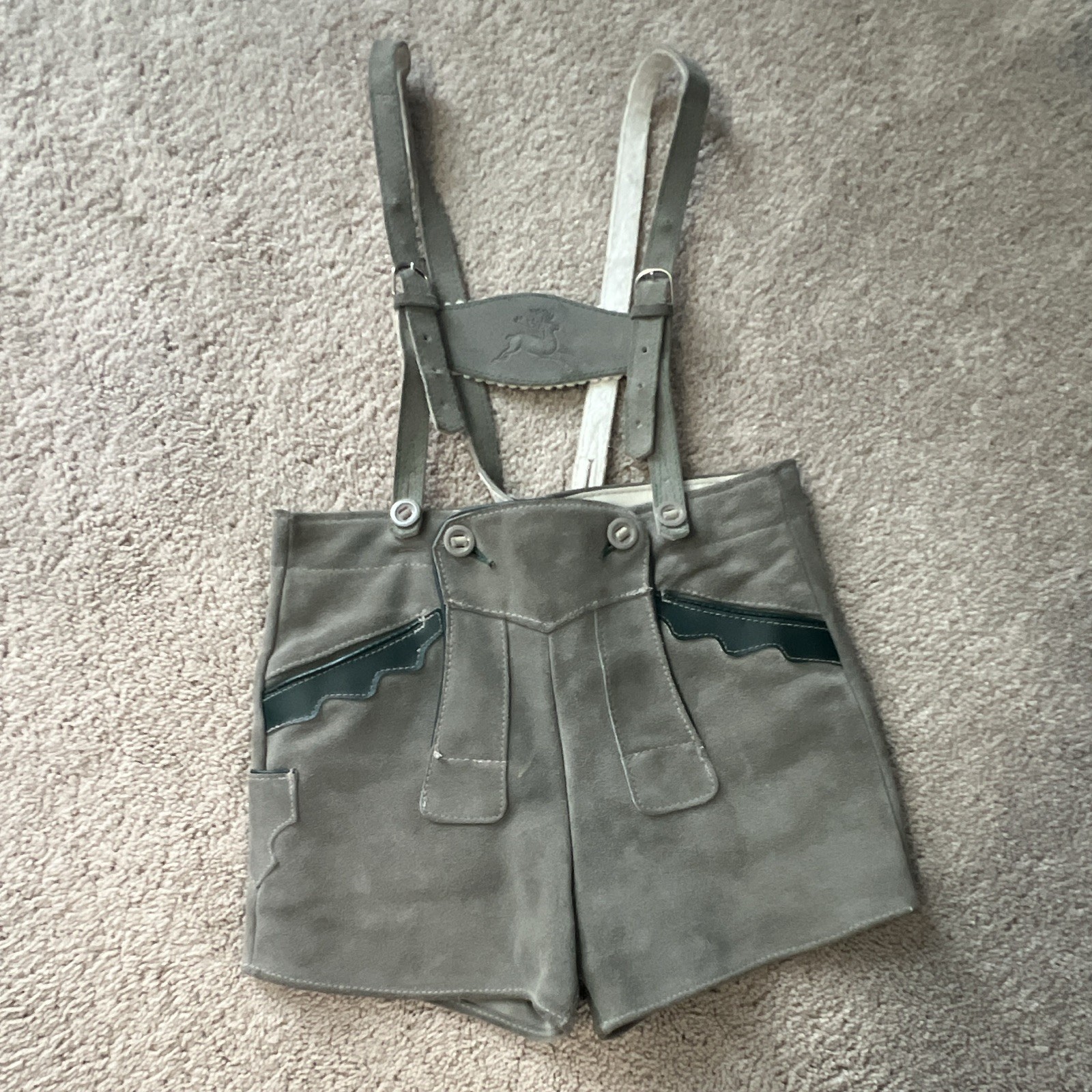 Kid’s Gray Leather Lederhosen Shorts with Suspenders, 24” waist