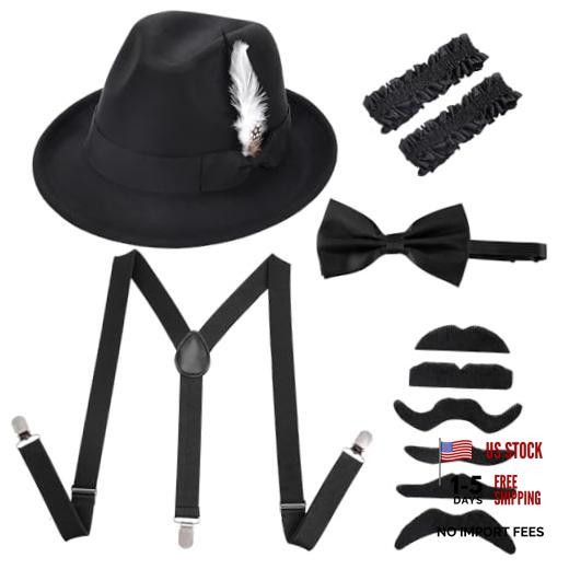 1920s Mens Costume Retro Gatsby Gangster Accessories Set Fedora Hat Black