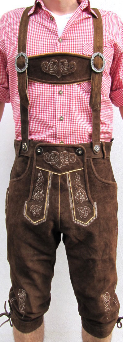 HIRSCHBERGER Trachten Lederhose Kniebund braun Gr. 46 – 72 Wildleder mit Träger