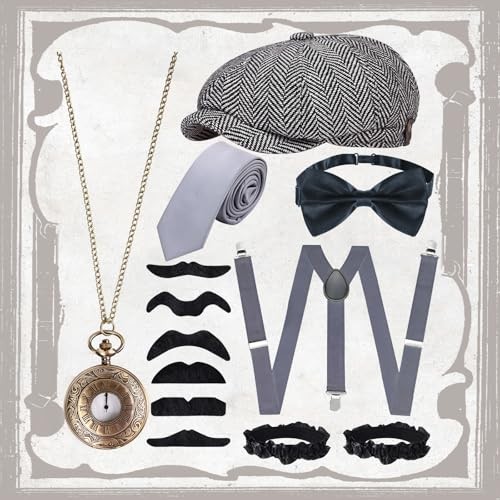 JONRRYIN 1920s Mens Costume Accessories Set, Roaring 20s Costumes Small Grey