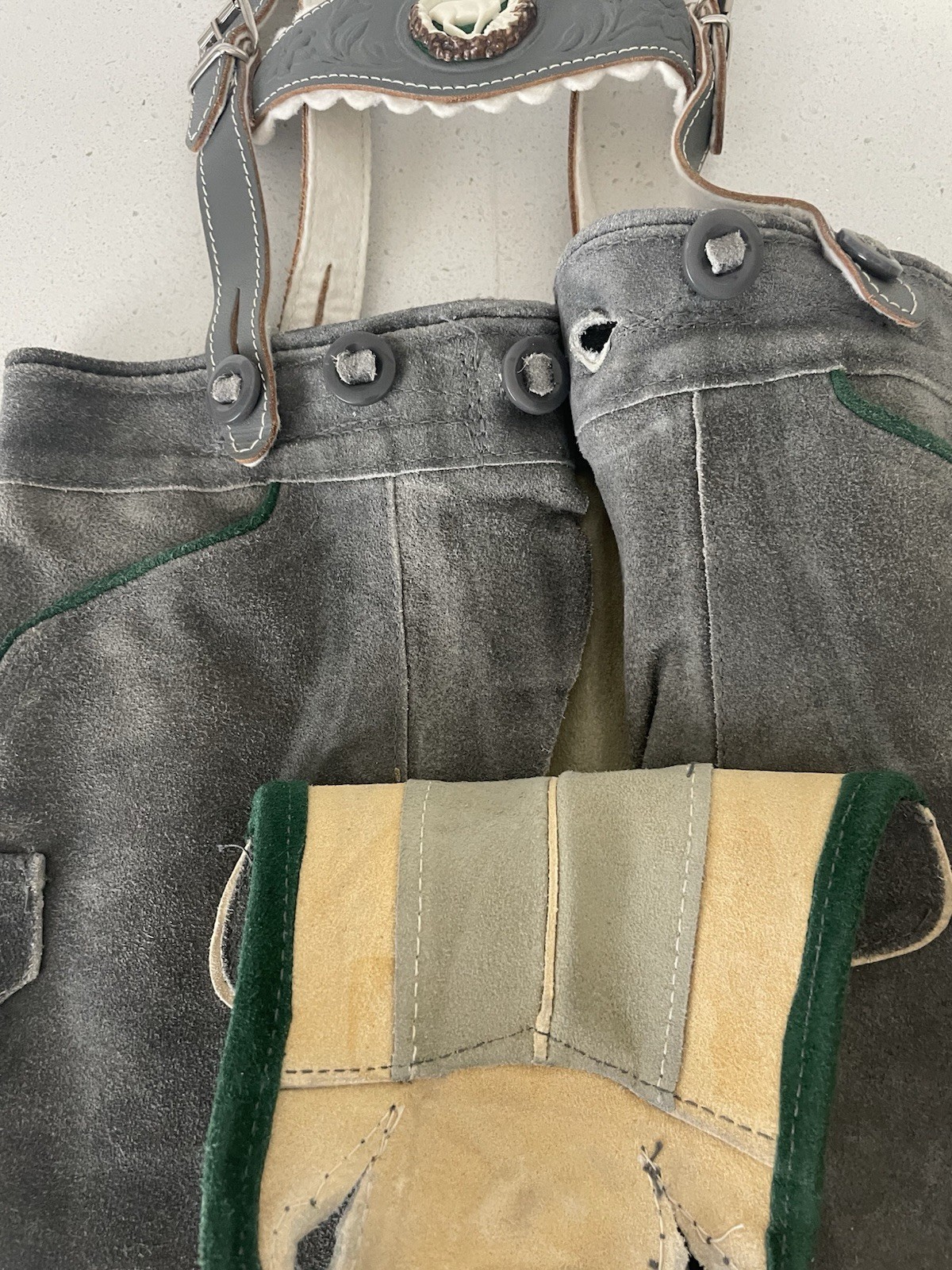 Vintage Authentic Child Lederhosen Suede Shorts With Bib Suspenders 21”Waist