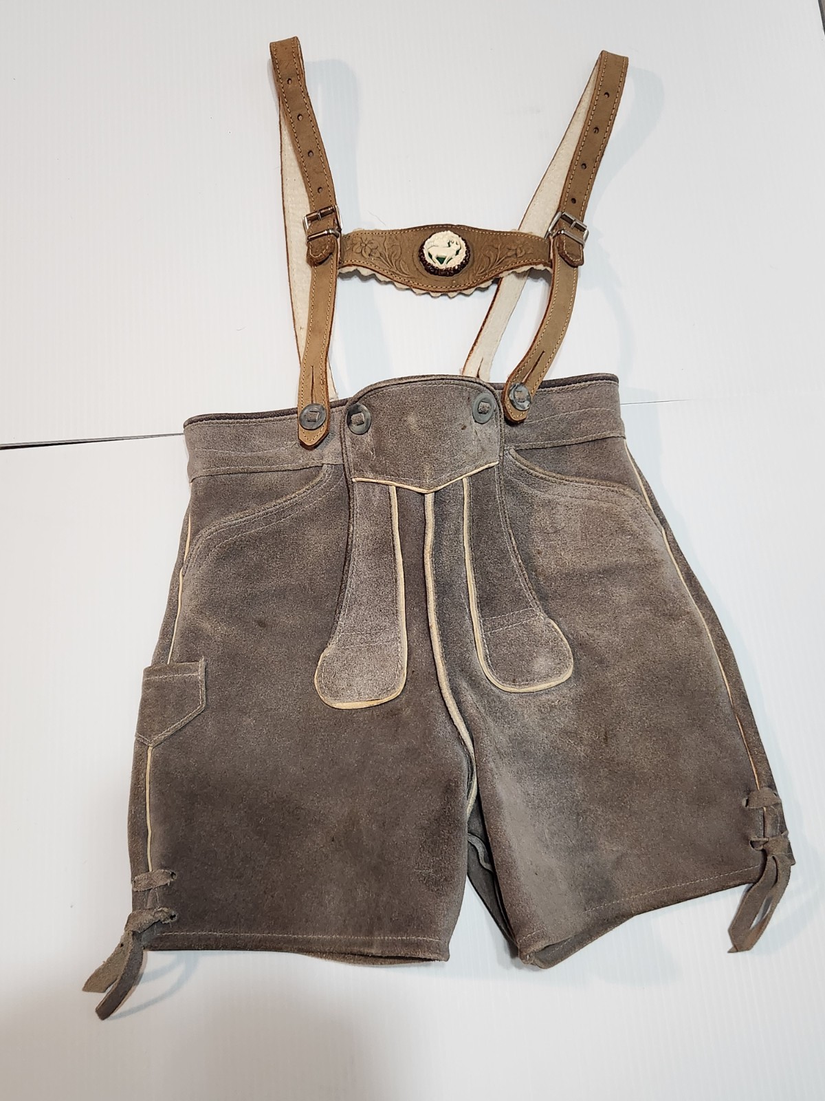German Leather Childs Lederhosen Shorts w/ Suspenders, Leather Fabric