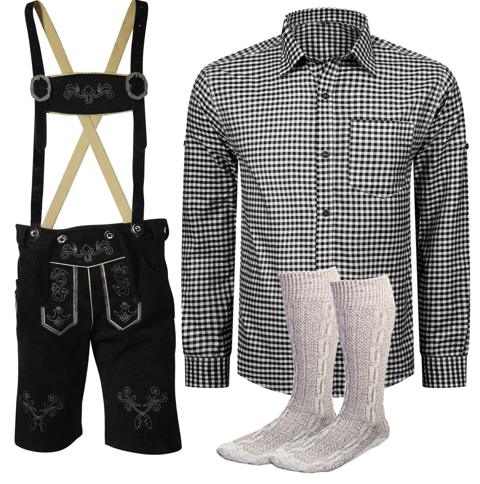 Men’s costume set short costume leather pants sizes 46 to 62 black shirt with socks