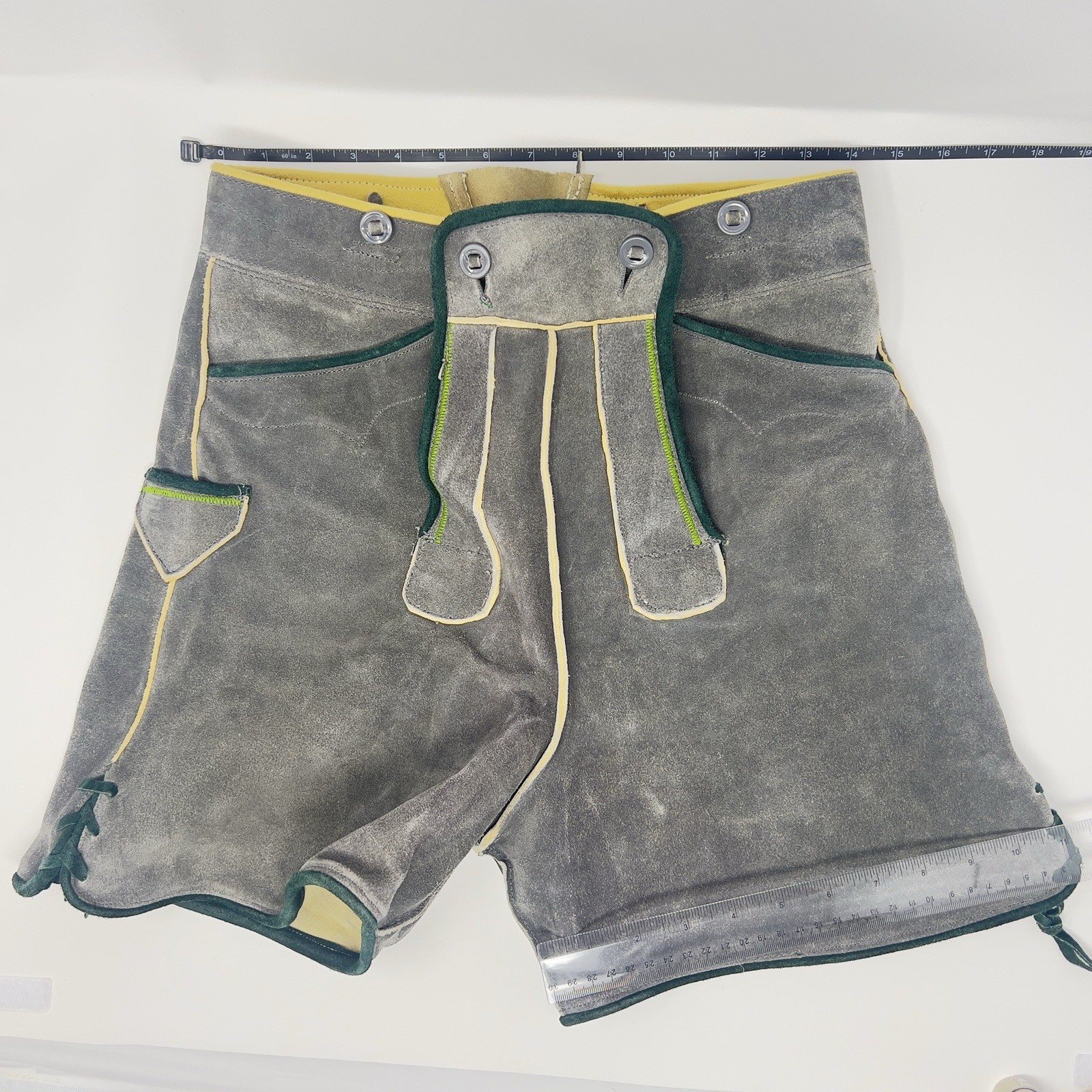 Authentic Vintage Lederhosen Oktoberfest Men Suede Leather Green Shorts Size 66