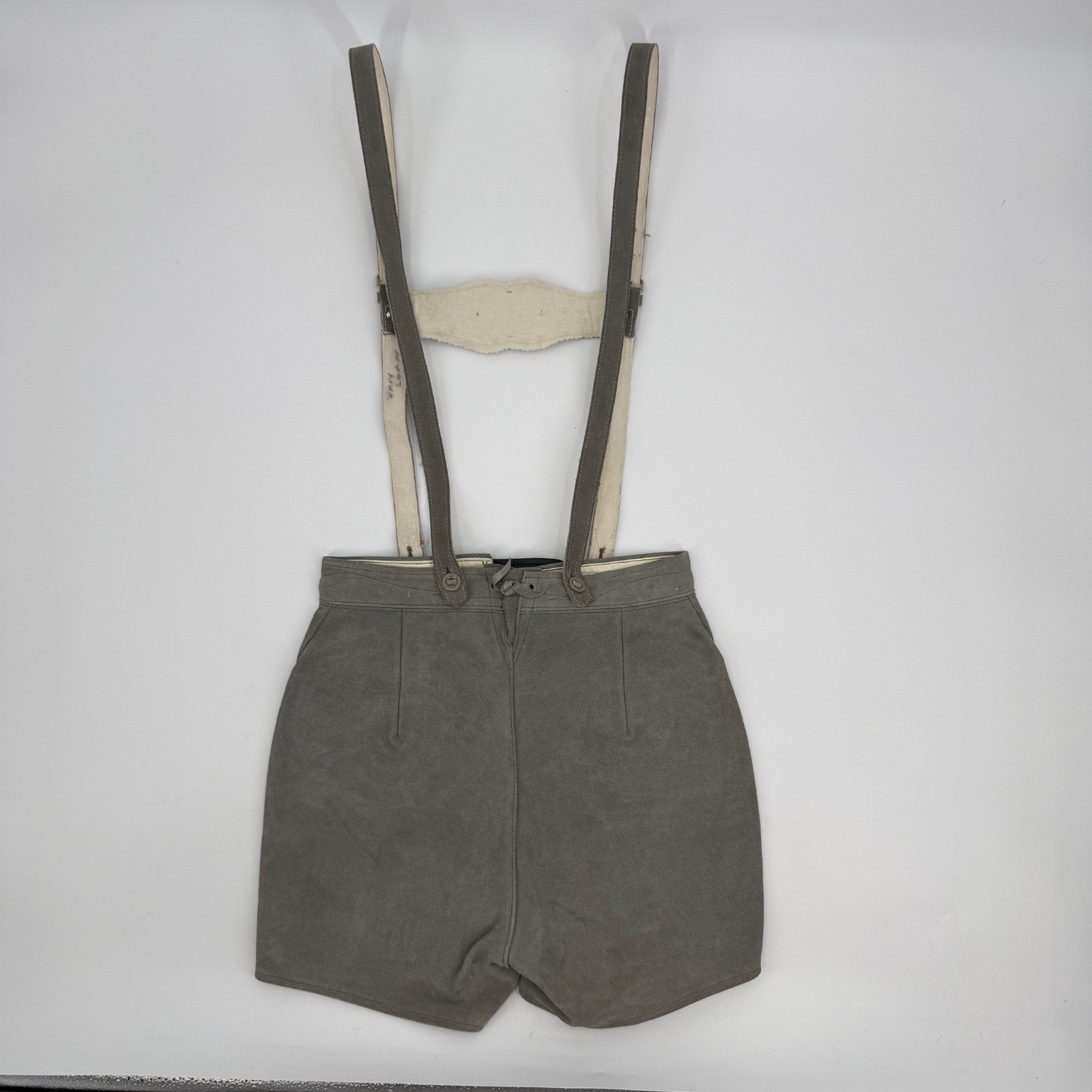 Vintage German Leather Lederhosen Shorts Suspenders Gray Suede Oktoberfest 36D