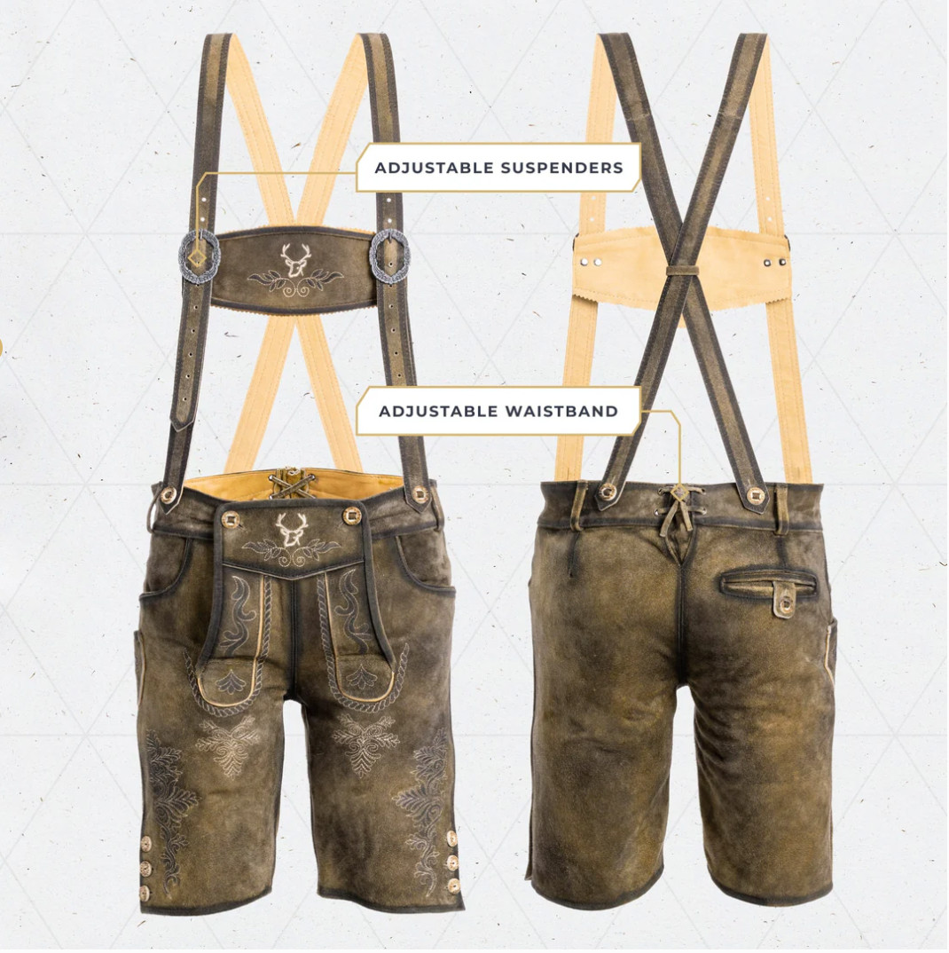 Bavaria Trachten Mens Suede Leather German Oktoberfest Lederhosen Waxed Brown 28