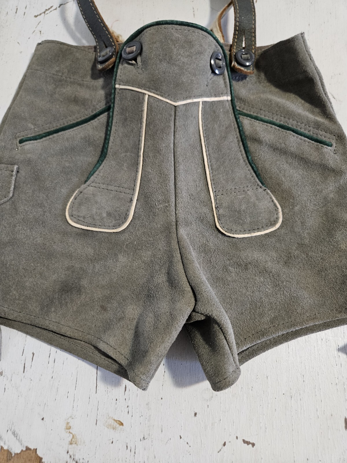 Vintage Kids Size 2 German Lederhosen Leather Suede Green Gray