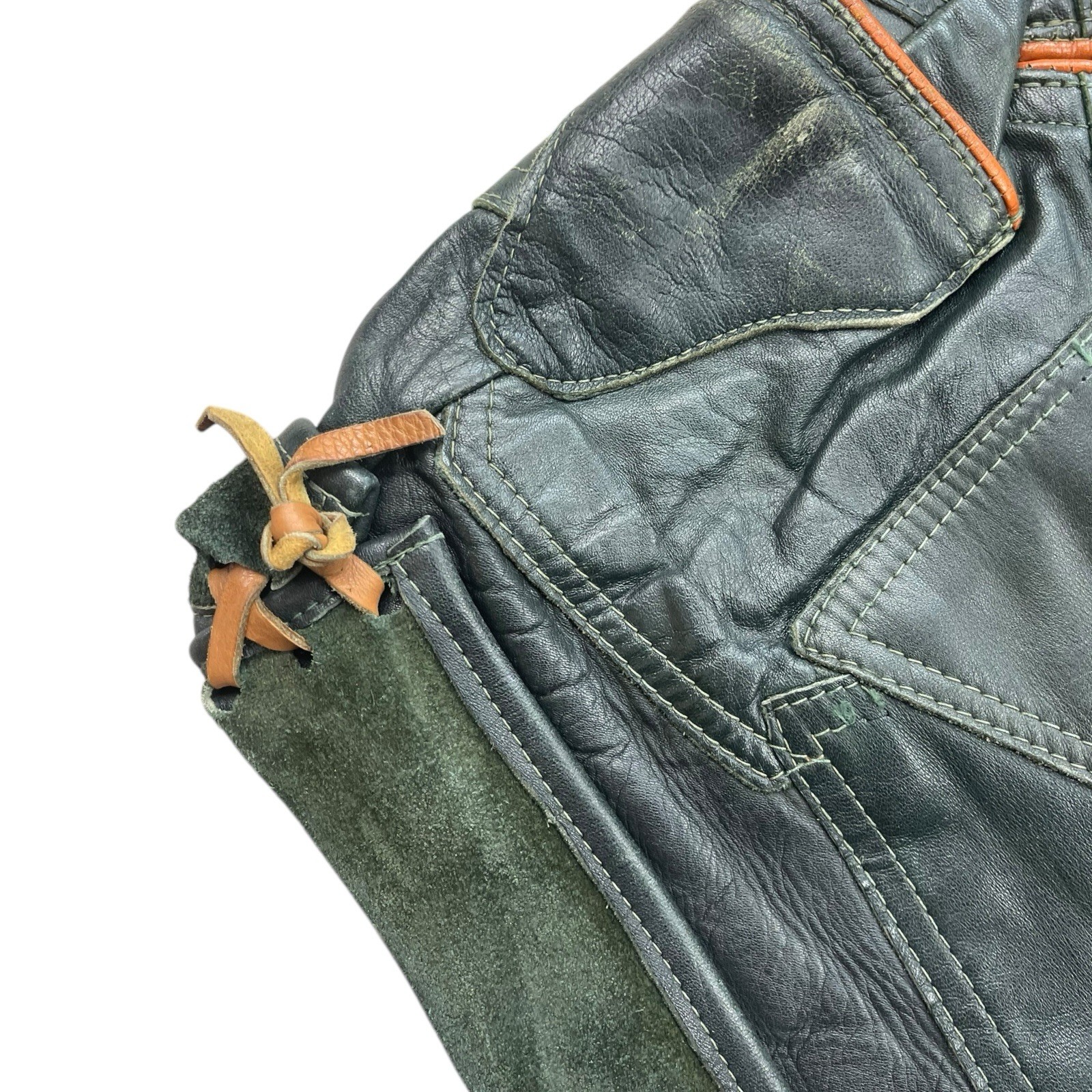 Short leather trousers – green + brown size S/M cotton 43cm vintage smooth zip 70s
