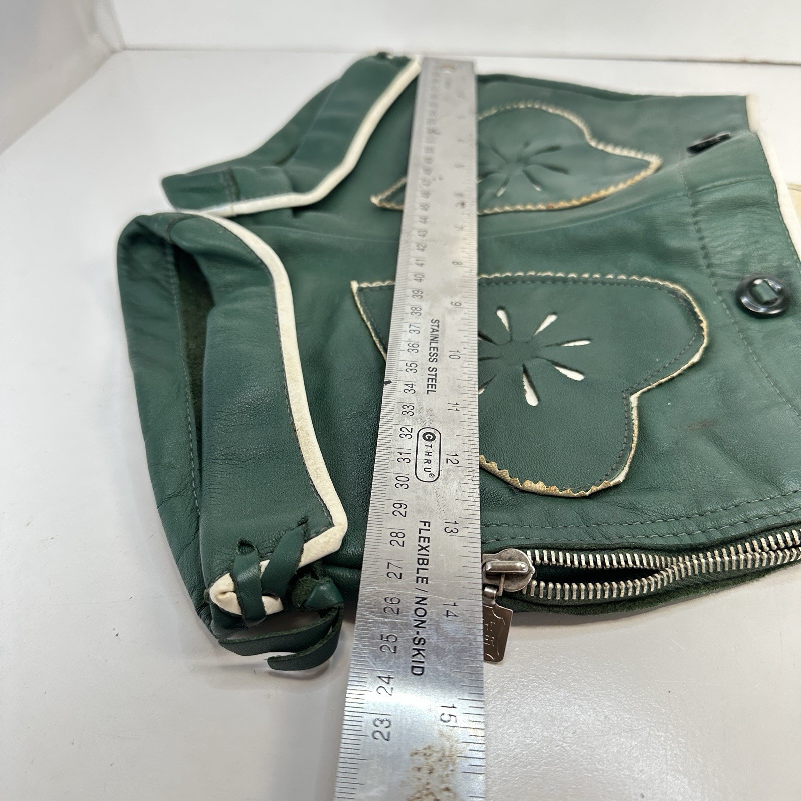 Vintage Green Leather Heart Lederhosen Child Size (see photos for measurements)