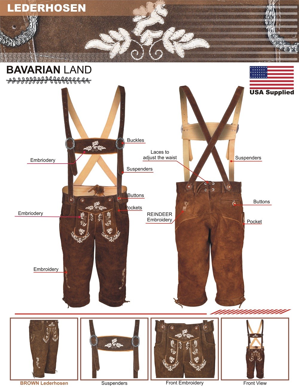 Oktoberfest Bavarian Lederhosen Real Leather Brown Matching long Short German