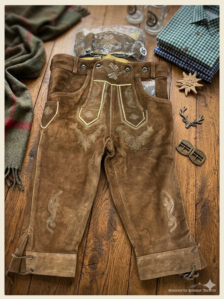 Authentic Bavarian Lederhosen – Handcrafted Suede Leather Trachten Breeches