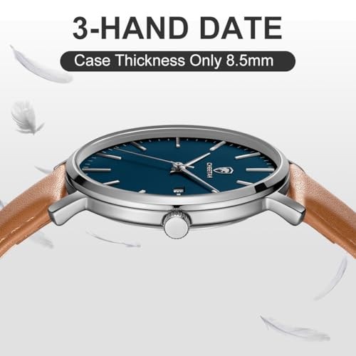 Minimalist Waterproof Quartz Watches for Men with Leather Silver Blue Brown
